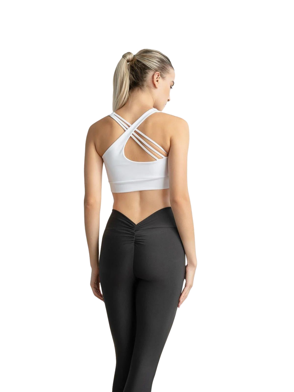 Person in einem weißen Sport-BH und Lismina 406 VE Butt Scrunch Leggings in Schwarz vor weißem Hintergrund.